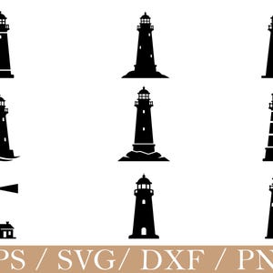 May include: A collection of nine black lighthouse silhouettes in various designs. Some lighthouses have a light beam, and others are on a rocky base. The image includes the text "EPS / SVG / DXF / PNG" at the bottom, suggesting digital files.