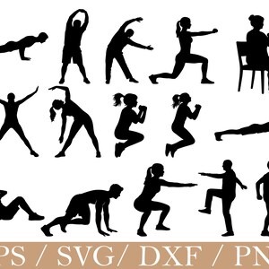 May include: A collection of black silhouettes depicting various fitness exercises including push-ups, lunges, squats, planks, and jumping jacks. The bottom of the image features the text EPS / SVG / DXF / PNG in a clear, sans-serif font.