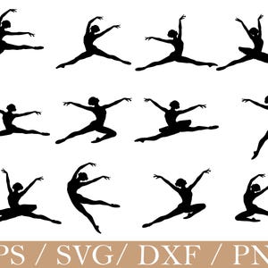 May include: A collection of black silhouette images of ballet dancers in various poses. The dancers are depicted mid-leap, with arms and legs extended, showcasing graceful movements. The image includes the text "EPS / SVG / DXF / PNG" at the bottom.