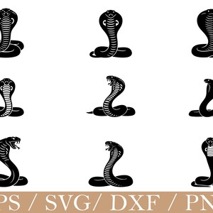 Op de afbeelding: Een verzameling van negen zwarte cobra-illustraties in verschillende poses. De kap van de cobra is in verschillende afbeeldingen omhoog, terwijl andere de slang opgerold of met open mond tonen. De tekst "EPS / SVG / DXF / PNG" staat onderaan.