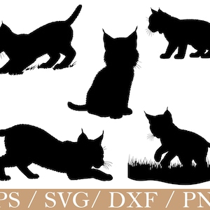 Może przedstawiać: Czarne ilustracje sylwetek rysia w różnych pozach. Jeden kot siedzi, podczas gdy inne są pokazane podczas chodzenia, skakania i zabawy w trawie. Obraz zawiera tekst "EPS / SVG / DXF / PNG" na dole.