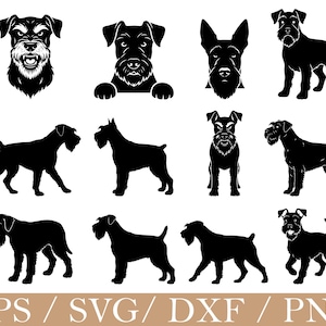 以下が含まれることがあります： 様々なポーズとスタイルのシュナウザー犬の白黒イラストのコレクション。画像には、顔写真、全身シルエット、下部に「EPS / SVG / DXF / PNG」というテキストが含まれています。