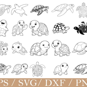 Könnte beinhalten: Eine Sammlung von Schwarz-Weiß-Schildkröten-Illustrationen in verschiedenen Posen und Stilen. Einige Schildkröten lächeln, während andere detaillierte Schalenmuster aufweisen. Der Text "EPS / SVG / DXF / PNG" ist unten abgebildet.