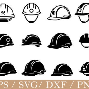 Könnte beinhalten: Schwarz-Weiß-Illustrationen von Schutzhelmen. Die Designs umfassen verschiedene Arten von Bauhelmen, einige mit Stirnlampen und Kinnriemen. Der Text "EPS / SVG / DXF / PNG" ist ebenfalls enthalten.