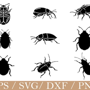 May include: A collection of nine black beetle illustrations in various poses against a white background. The image includes the text "EPS / SVG / DXF / PNG" at the bottom, suggesting digital design files.