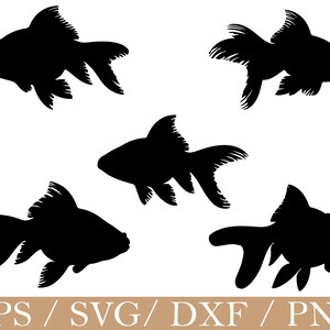May include: Black silhouette of five goldfish in various swimming positions. The fish have detailed fins and tails, set against a white background. The bottom of the image displays the text "EPS / SVG / DXF / PNG".