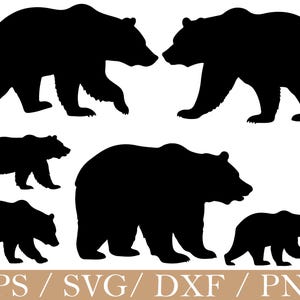 May include: Black bear silhouettes in various sizes and poses, including walking and standing. The image features multiple bear outlines, suitable for digital art or crafting projects. The bottom of the image includes the text "EPS / SVG / DXF / PNG".