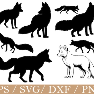 May include: A collection of fox silhouettes in various poses, including standing, walking, and running. The foxes are depicted in solid black, with one white fox outlined. The image includes the text "EPS / SVG / DXF / PNG".