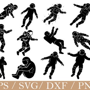 Pode incluir: Silhuetas de astronautas em preto e branco em várias poses, incluindo flutuando e sentados. A imagem apresenta múltiplas figuras de astronautas, adequadas para projetos de design digital. O texto na parte inferior diz "EPS / SVG / DXF / PNG".