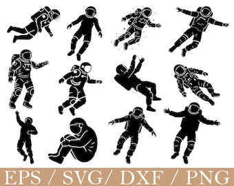 Puede incluir: Siluetas de astronautas en blanco y negro en varias poses, flotando o sentados. La imagen presenta múltiples figuras de astronautas, adecuadas para proyectos de diseño digital. El texto en la parte inferior dice "EPS / SVG / DXF / PNG".