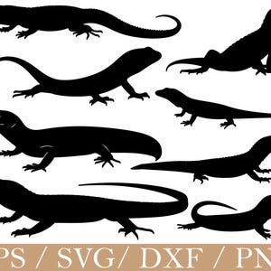 Può includere: Una collezione di sagome nere di lucertole in varie pose. I rettili sono raffigurati con contorni dettagliati, che mostrano le loro forme e caratteristiche corporee. L'immagine include il testo "EPS / SVG / DXF / PNG" in basso.