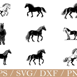 Könnte beinhalten: Eine Sammlung von neun schwarz-weißen Pferdeillustrationen in verschiedenen Posen, darunter galoppierend, stehend und steigend. Das Set zeigt detaillierte Silhouetten und Strichzeichnungen, mit dem Text EPS / SVG / DXF / PNG am unteren Rand.