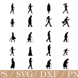 May include: A collection of thirty black silhouettes depicting various individuals in motion, including people walking, running, carrying bags, using canes, and wearing diverse clothing styles, arranged in a grid format with file format text below.