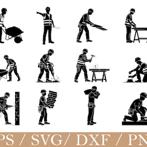Pode incluir: Uma coleção de silhuetas a preto e branco de trabalhadores da construção em várias poses. Os trabalhadores são mostrados a usar ferramentas como carrinhos de mão, serras e martelos. Estão a usar capacetes e coletes de segurança. A imagem inclui o texto "EPS / SVG / DXF / PNG".