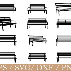 May include: A collection of black bench silhouettes in various styles. The benches have slatted backs and seats, with some featuring armrests. The image includes different bench designs, suitable for outdoor or park-themed projects.