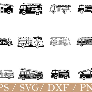 May include: A set of black and white fire engine illustrations. The designs feature different styles of fire engines, some with ladders and other equipment. The image also includes the text "EPS / SVG / DXF / PNG".