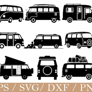 Könnte beinhalten: Neun schwarze Silhouette-Illustrationen von Wohnmobilen und Bussen in verschiedenen Stilen. Die Designs umfassen einen klassischen VW-Bus, einen Camper mit Aufstelldach und einen Van mit Gepäck auf dem Dach. Der Text "EPS / SVG / DXF / PNG" befindet sich unten.