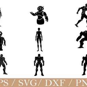 May include: A collection of nine black silhouettes featuring various robotic figures, including humanoid androids, a classic boxy robot, a rounded service bot, and armoured mechanical characters in different standing and dynamic action poses.