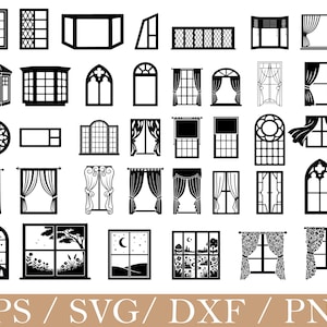 May include: A collection of black and white window designs in various styles. Includes arched, rectangular, and circular windows, some with curtains or decorative elements. The image also includes the text "EPS / SVG / DXF / PNG".