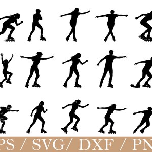 May include: A collection of fifteen black silhouettes depicting individuals in various poses whilst roller skating. The figures are shown in dynamic motion, including gliding, balancing, and skating forward. The text EPS / SVG / DXF / PNG is visible.