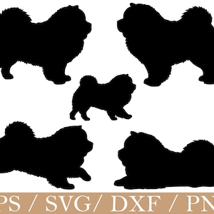 May include: Black silhouette images of Chow Chow dogs in various poses. The images include a standing Chow Chow, a walking Chow Chow, and a lying down Chow Chow. The bottom of the image has the text "EPS / SVG / DXF / PNG".
