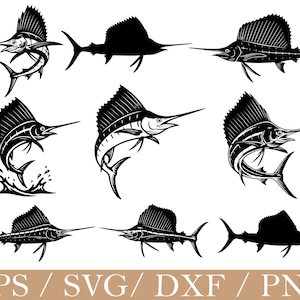 May include: A collection of nine black and white illustrations of sailfish in various poses, including jumping, swimming, and silhouettes. The text EPS / SVG / DXF / PNG is displayed at the bottom of the image, indicating the available file formats.