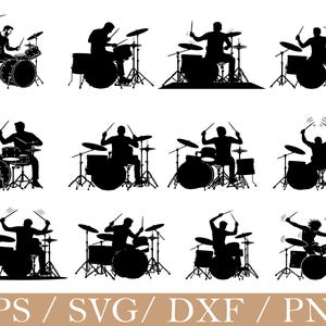 May include: A collection of black silhouette illustrations of drummers playing drum sets. Each drummer is in a different pose, with drumsticks raised, and various drum kits are shown. The image includes the text "EPS / SVG / DXF / PNG".