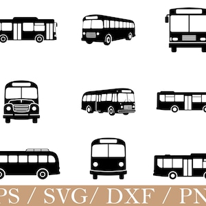 Puede incluir: Colección de nueve siluetas negras de autobuses en varios estilos. Los autobuses se representan de lado y de frente, con diferentes configuraciones de ventanas y puertas. La imagen incluye el texto "EPS / SVG / DXF / PNG" en la parte inferior.