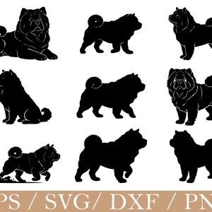 May include: A collection of black Chow Chow dog silhouettes in various poses, including lying down, sitting, and standing. The image includes the text "EPS / SVG / DXF / PNG" at the bottom.