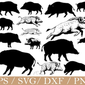 Puede incluir: Una colección de ilustraciones de jabalíes en varias poses. La imagen presenta dibujos lineales detallados y siluetas negras sólidas de los animales. Los jabalíes se representan corriendo, de pie y caminando, adecuados para proyectos de diseño gráfico.