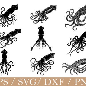 Puede incluir: Una colección de ilustraciones de calamares negros en varias poses sobre un fondo blanco. Los diseños de calamares presentan tentáculos y cuerpos detallados, adecuados para proyectos de diseño gráfico. La imagen también incluye el texto "EPS / SVG / DXF / PNG".