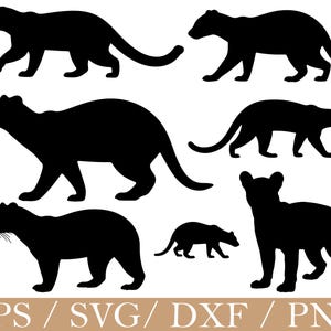 May include: A collection of black silhouette images of various animals, including a bear-like creature, in different poses. The image includes the text "EPS / SVG / DXF / PNG".