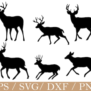 Op de afbeelding: Zwarte silhouetten van herten in verschillende houdingen, met gedetailleerde geweien. De afbeelding bevat de tekst "EPS / SVG / DXF / PNG" onderaan, wat bestandsformaten voor digitaal ontwerp of knutselprojecten aangeeft.