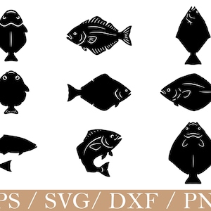May include: A collection of nine black silhouette icons depicting various fish species in different orientations and shapes, including flatfish and swimming fish, arranged in a grid with the text EPS / SVG / DXD / PNG at the bottom.
