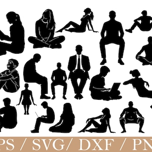 May include: A collection of black silhouettes depicting various figures in different seated and reclining poses, including individuals reading, using laptops, and sitting in meditative or relaxed positions, with the text EPS / SVG / DXF / PNG below.