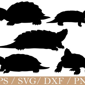 May include: Black silhouette illustrations of five different turtles. The turtles are in various poses, with their heads and limbs visible. The image includes the text "EPS / SVG / DXF / PNG" at the bottom, indicating file formats.