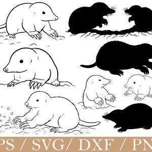 May include: A collection of mole illustrations in black and white. The image includes various poses of moles, some in silhouette and others with detailed outlines. The moles are depicted in different positions, including digging and standing.