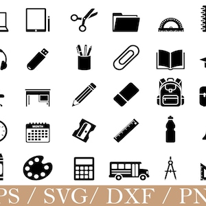 Peut inclure: Une collection de trente icônes noires représentant des fournitures scolaires et de bureau, incluant un ordinateur portable, tablette, ciseaux, dossier, rapporteur, carnet, casque, clé USB, pot à crayons, trombone, livre ouvert, mortier, chaise, bureau, crayon, gomme, sac à dos, mallette, horloge, calendrier, taille-crayon, règle, bouteille, cloche, crayons de couleur, palette, calculatrice, bus scolaire, compas et équerre.