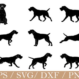 Könnte beinhalten: Eine Sammlung von neun schwarzen Silhouetten eines Deutsch Drahthaar Hundes in verschiedenen Posen, darunter sitzend, stehend, gehend und rennend. Am unteren Rand des Bildes befindet sich der Text EPS / SVG / DXF / PNG in weißer Schrift.