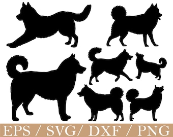May include: A collection of black dog silhouettes in various poses, including standing, walking, and leaping. The image includes the text "EPS / SVG / DXF / PNG" at the bottom, indicating file formats.