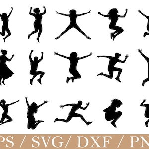Op de afbeelding: Een verzameling van vijftien zwarte silhouetten die verschillende figuren in dynamische springhoudingen weergeven met armen en benen in verschillende richtingen uitgestrekt. De tekst EPS / SVG / DXF / PNG staat onderaan de afbeelding.