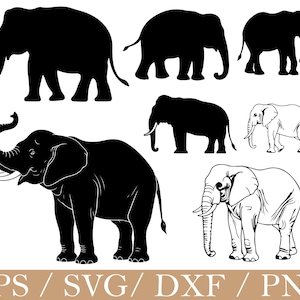 Può includere: Una collezione di sagome ed illustrazioni di elefanti in bianco e nero. L'immagine include varie pose di elefanti, alcuni con zanne, adatte per progetti di arte digitale. La parte inferiore dell'immagine mostra il testo "EPS / SVG / DXF / PNG".