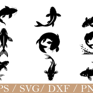 Può includere: Una collezione di nove sagome nere di pesci koi in varie posizioni di nuoto, tra cui viste dall'alto, profili laterali e un pesce che salta da uno spruzzo d'acqua. Il testo EPS / SVG / DXF / PNG è visualizzato nella parte inferiore.