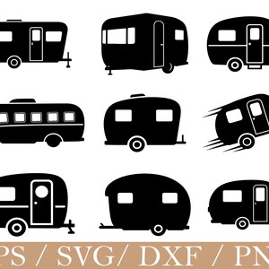 Könnte beinhalten: Eine Sammlung von neun schwarzen Silhouetten-Symbolen, die verschiedene Wohnwagen und Camper in unterschiedlichen Formen und Größen darstellen, darunter ein Wohnwagen in Bewegung mit Geschwindigkeitslinien. Der Text EPS / SVG / DXF / PNG steht unten.