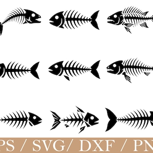 以下が含まれることがあります： 様々なポーズの9つの黒い魚の骨格イラストのコレクション。各骨格は、詳細な肋骨、頭、尾びれを持っています。画像には、ファイル形式を示すテキスト「EPS / SVG / DXF / PNG」が下部に含まれています。