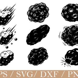 Puede incluir: Ilustración en blanco y negro de nueve asteroides y meteoritos. Algunos se representan con líneas de movimiento, otros muestran efectos de impacto. El texto "EPS / SVG / DXF / PNG" se muestra en la parte inferior de la imagen.