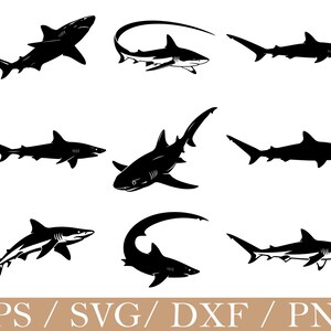 May include: A collection of nine black shark silhouettes in various swimming positions, including side profiles and angled views, displayed against a white background with the text EPS / SVG / DXF / PNG at the bottom of the image.