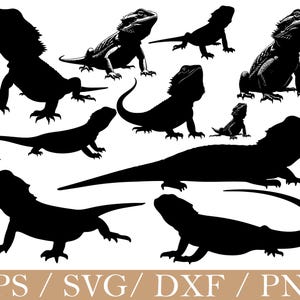 Op de afbeelding: Een verzameling zwarte silhouetafbeeldingen van baardagamen in verschillende poses. De illustraties tonen reptielen in verschillende maten en hoeken, geschikt voor digitale kunst of knutselprojecten. De onderkant van de afbeelding toont de tekst "EPS / SVG / DXF / PNG".