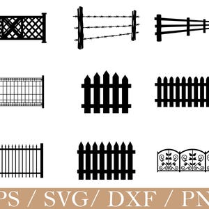 Op de afbeelding: Een verzameling van negen zwarte hekontwerpen in silhouet. Stijlen zijn onder meer schuttingen, traliewerk, prikkeldraad en smeedijzer. De afbeelding bevat ook de tekst "EPS / SVG / DXF / PNG".
