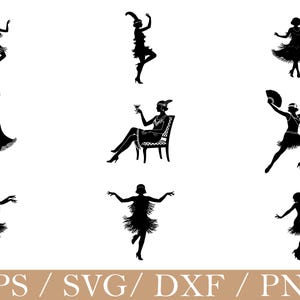 May include: A collection of nine black silhouette images of flapper girls in various poses. The images include dancers, a woman seated with a drink, and women with fans. The text "EPS / SVG / DXF / PNG" is at the bottom.